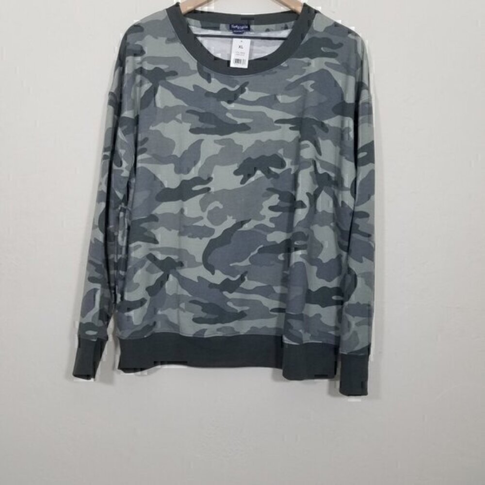 NWT Splendid Camo Crew Neck Pullover Long Sleeve Top Camo Olive Sweatshirt XL